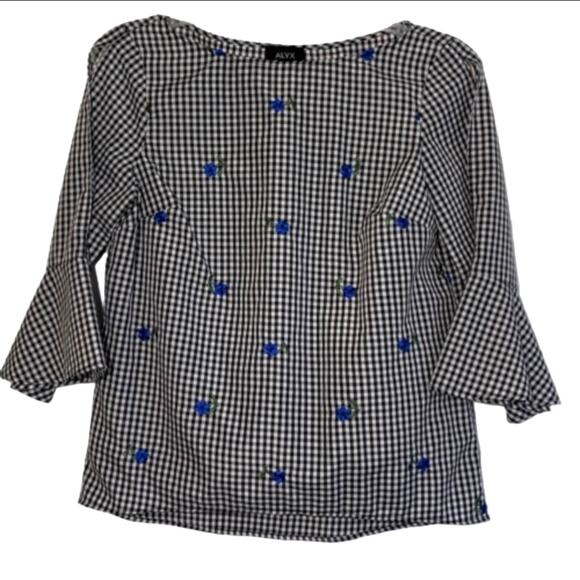 Alyx Blouse Top Black White Blue Floral Check 3/4 Bell Sleeves Blouse Medium NEW - Picture 9 of 9